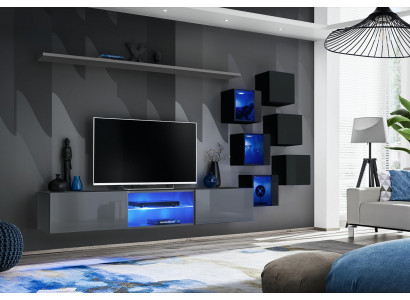 Zet moderne grijze inrichting woonwand tv-standaard dressoir houten meubels wandkast.